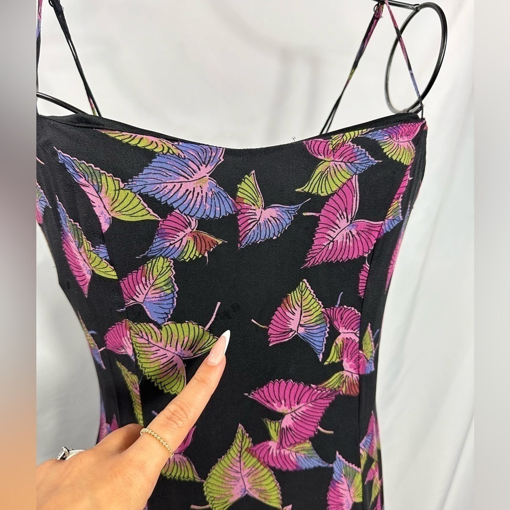 Y2K Betsey Johnson New York silk black leaf print midi dress size 6 - Picture 3 of 13